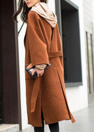 2025 plus size medium length coat Notched coat brown tie waist side open Woolen Coat Women