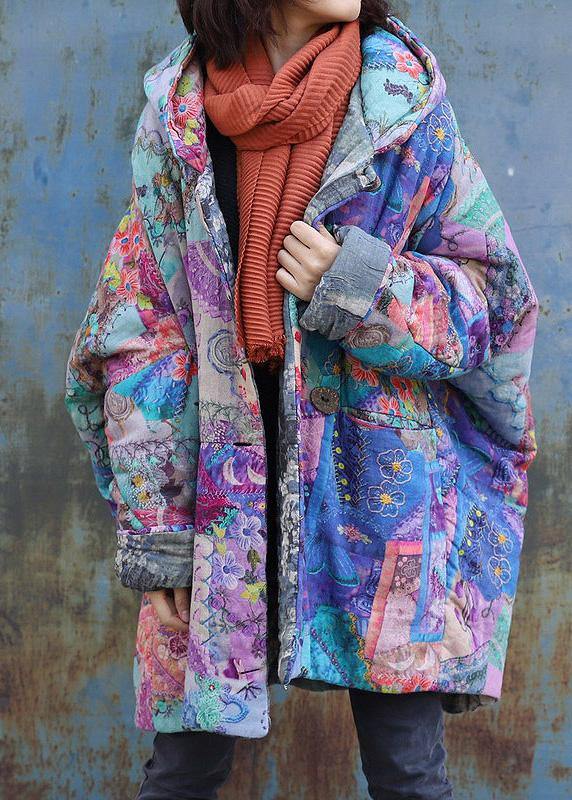 2025 purple prints overcoat oversized warm winter coat hooded patchwork overcoat