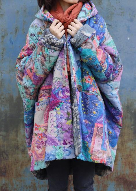 2025 purple prints overcoat oversized warm winter coat hooded patchwork overcoat