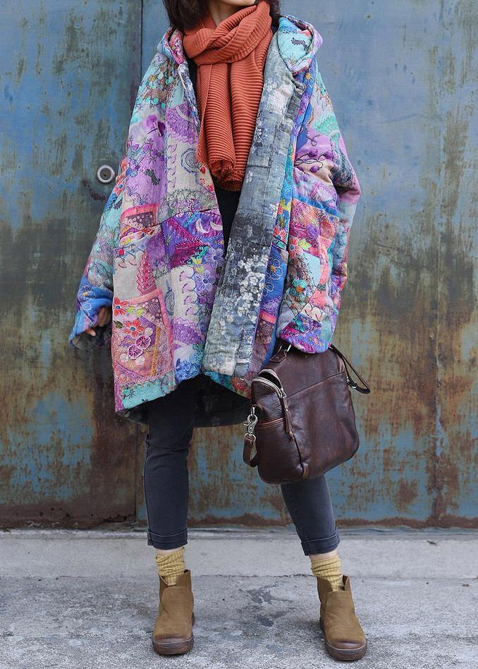 2025 purple prints overcoat oversized warm winter coat hooded patchwork overcoat