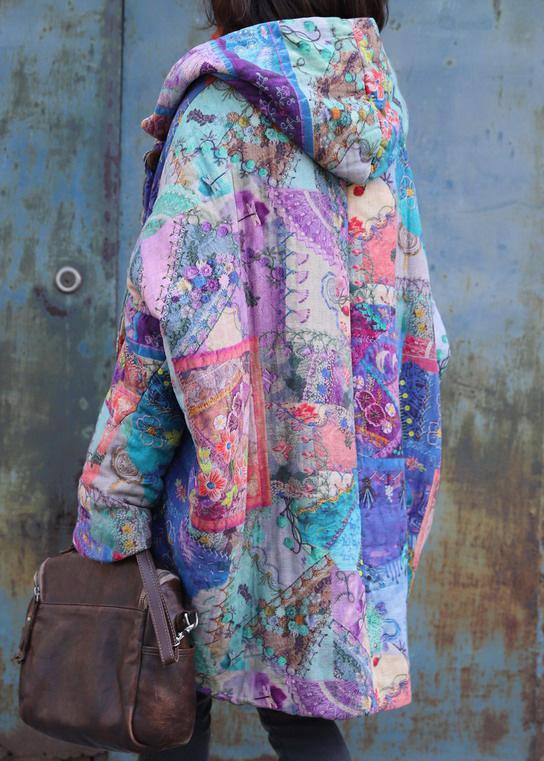 2025 purple prints overcoat oversized warm winter coat hooded patchwork overcoat