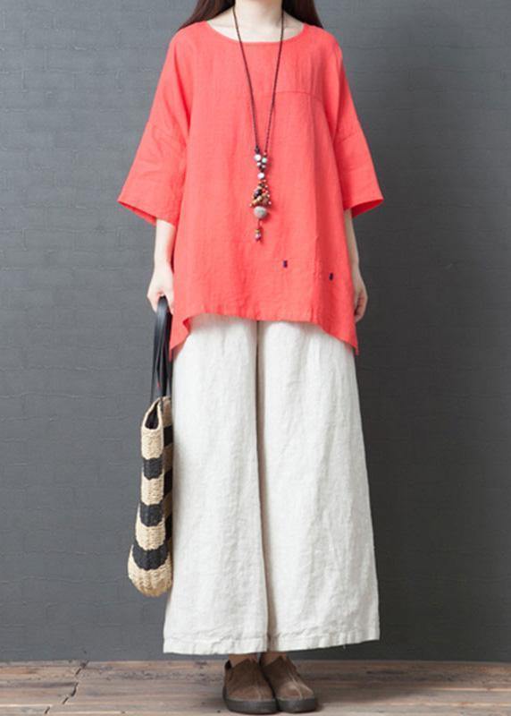 2025 red cotton casual low high design t shirt and white wide leg pants two pieces