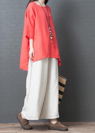 2025 red cotton casual low high design t shirt and white wide leg pants two pieces