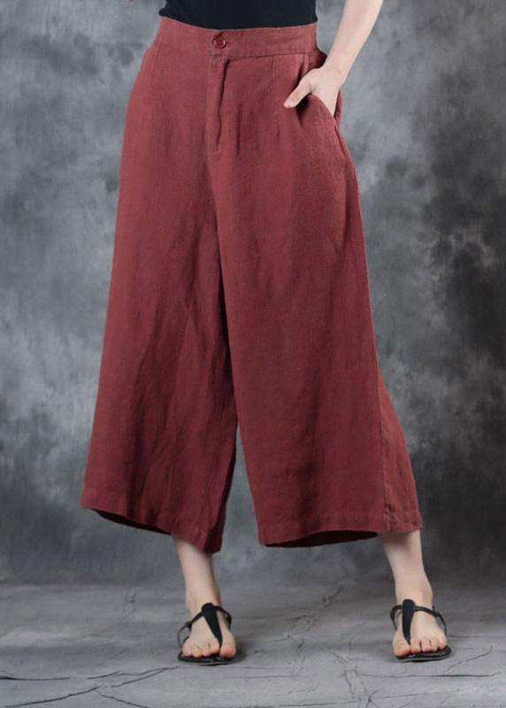 2025 red loose linen pants fall women pockets wide leg pants