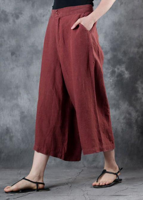 2025 red loose linen pants fall women pockets wide leg pants