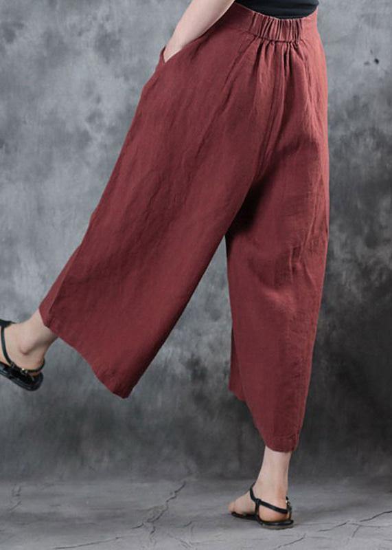 2025 red loose linen pants fall women pockets wide leg pants