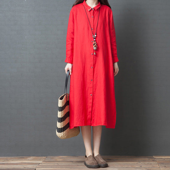 2025 spring new red linen shirt dress casual plus size long sleeve maxi dress