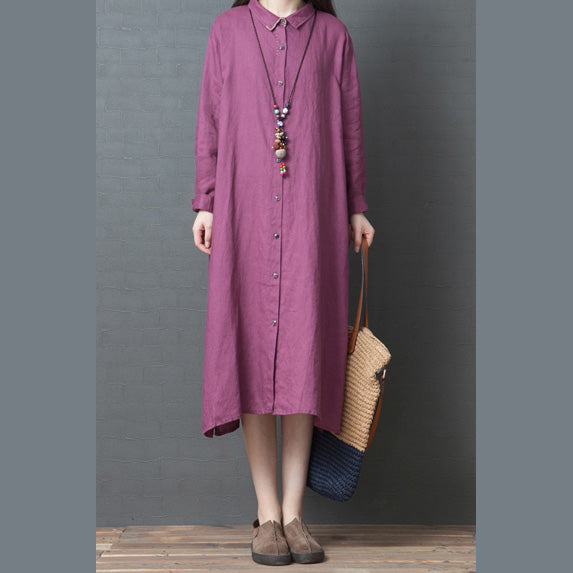 2025 spring new red linen shirt dress casual plus size long sleeve maxi dress