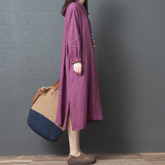 2025 spring new red linen shirt dress casual plus size long sleeve maxi dress