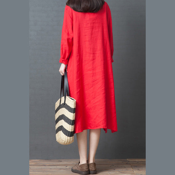 2025 spring new red linen shirt dress casual plus size long sleeve maxi dress