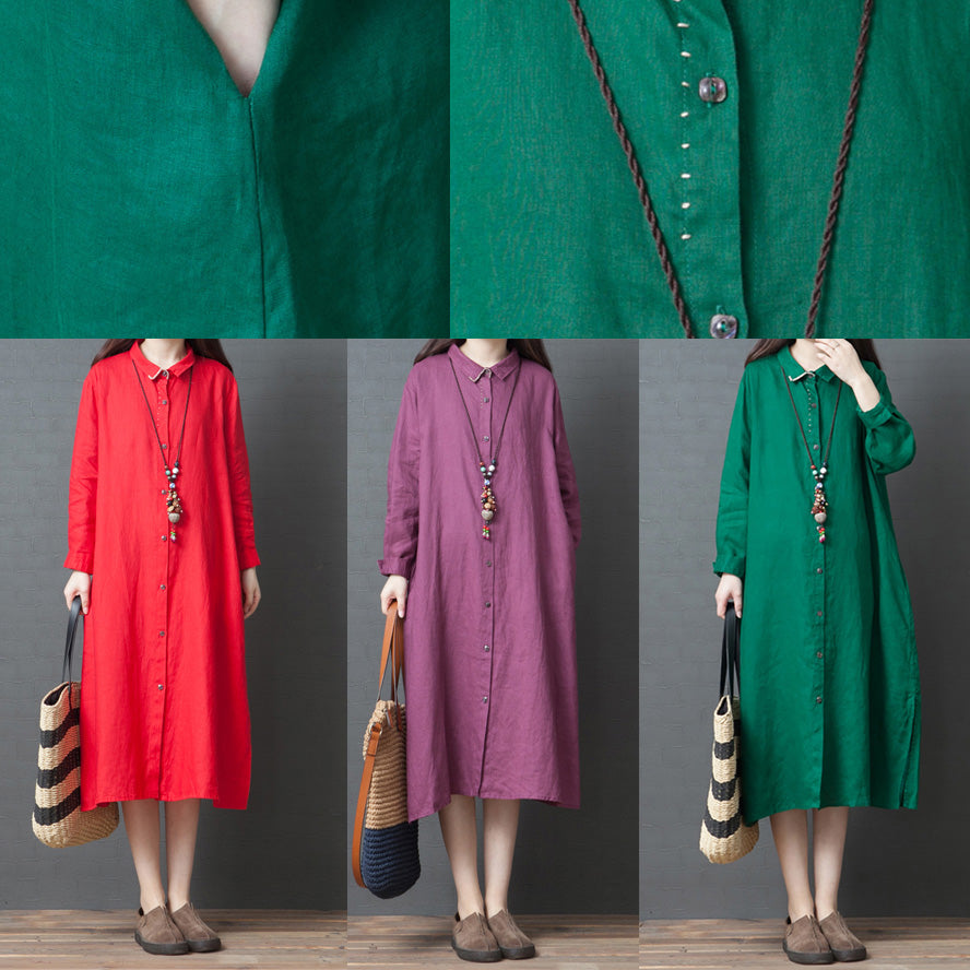 2025 spring new red linen shirt dress casual plus size long sleeve maxi dress