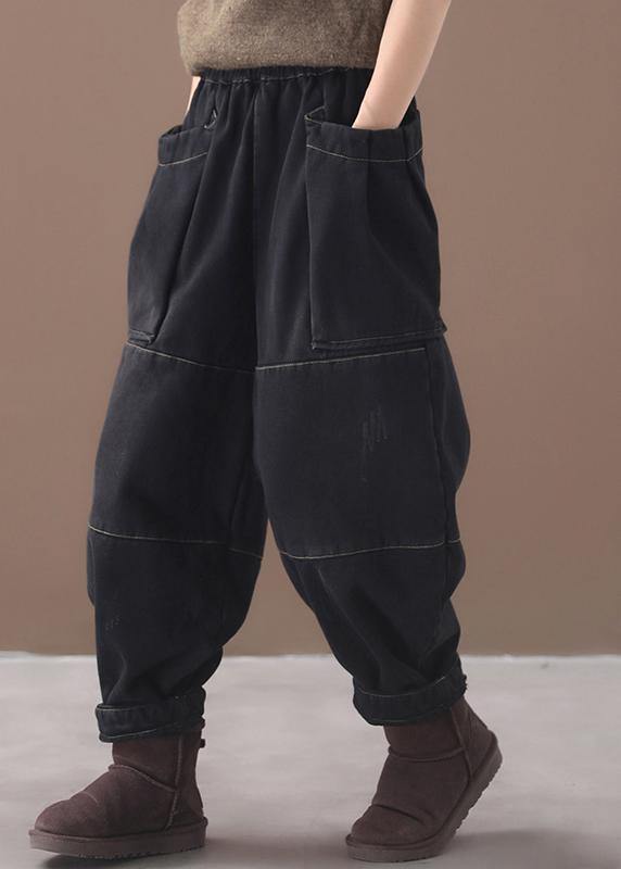 2025 winter black patchwork cotton pants two pockets thick denim pants