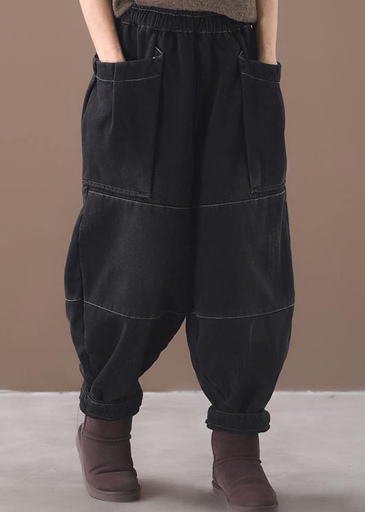 2025 winter black patchwork cotton pants two pockets thick denim pants