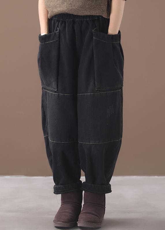 2025 winter black patchwork cotton pants two pockets thick denim pants