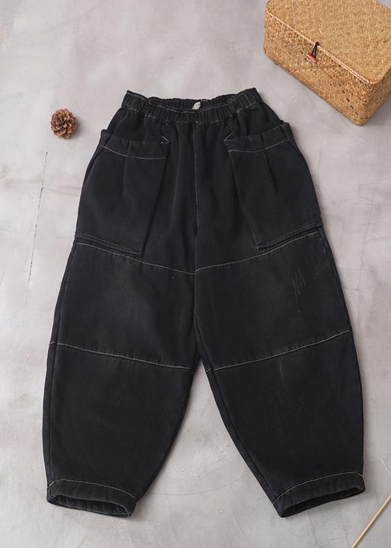 2025 winter black patchwork cotton pants two pockets thick denim pants