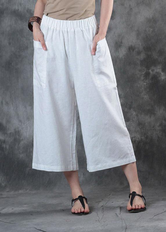 2025 women linen pants loose elastic waist crop white pants