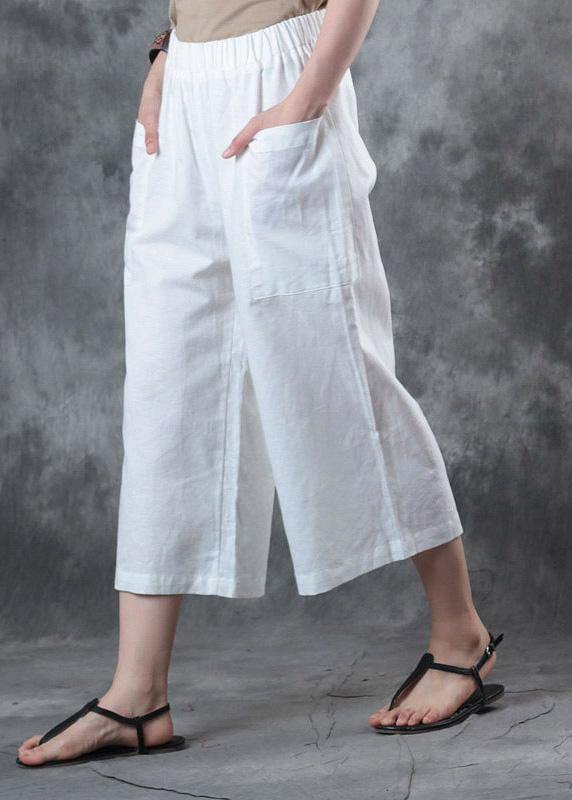 2025 women linen pants loose elastic waist crop white pants