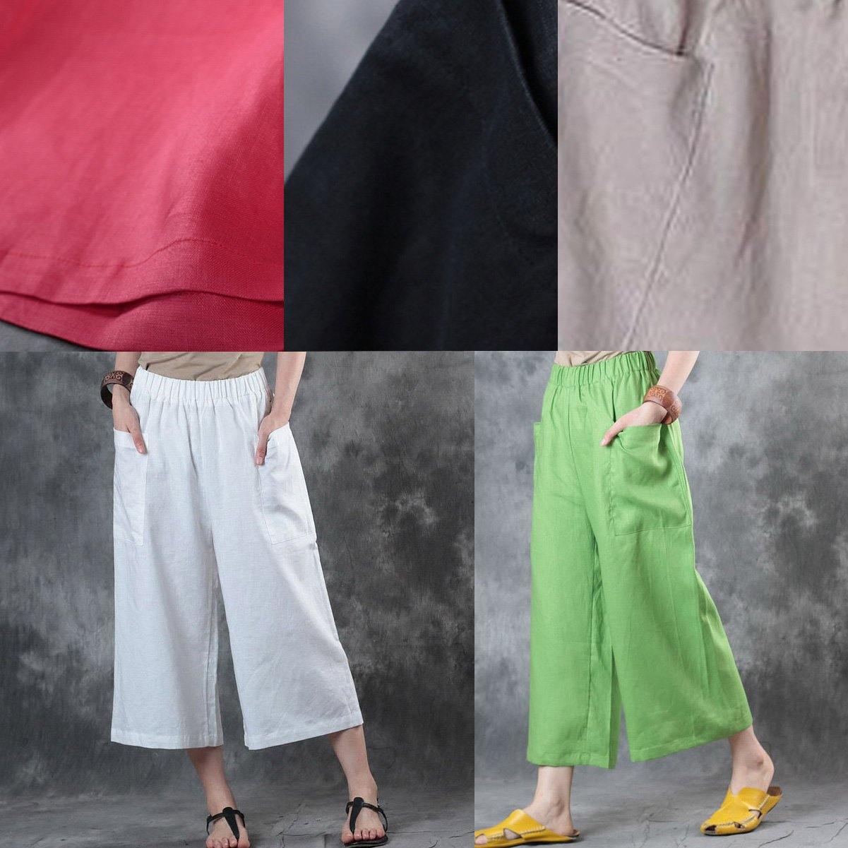 2025 women linen pants loose elastic waist crop white pants