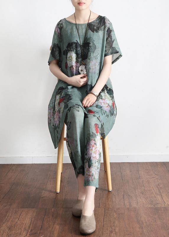 2025 New Loose Green Print Short Sleeve Shirt Casual Pants Linen Set