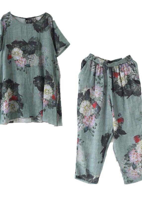 2025 New Loose Green Print Short Sleeve Shirt Casual Pants Linen Set