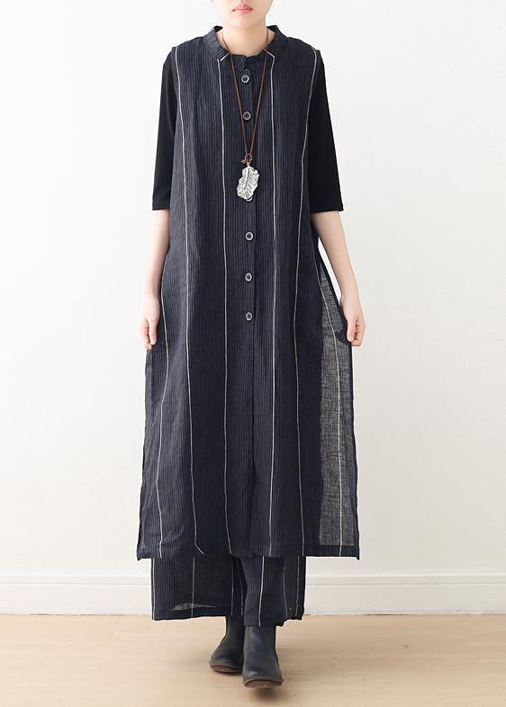 2025 Original Design Dark Blue Striped Cotton Linen Long Cardigan Wide Leg Pants Two Piece Set