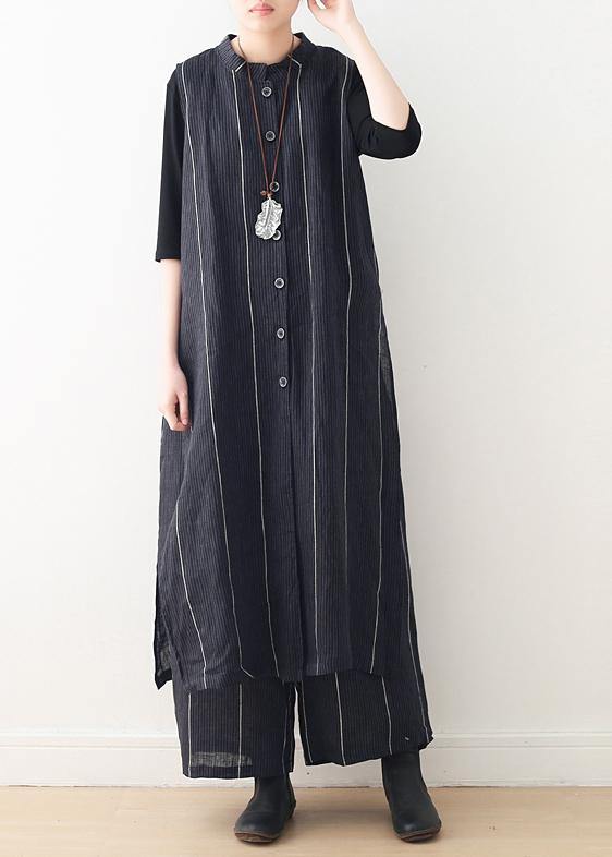 2025 Original Design Dark Blue Striped Cotton Linen Long Cardigan Wide Leg Pants Two Piece Set