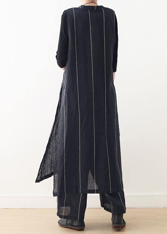 2025 Original Design Dark Blue Striped Cotton Linen Long Cardigan Wide Leg Pants Two Piece Set