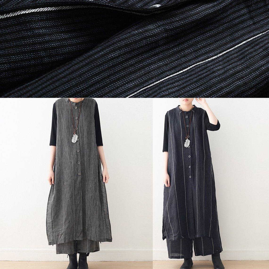 2025 Original Design Dark Blue Striped Cotton Linen Long Cardigan Wide Leg Pants Two Piece Set