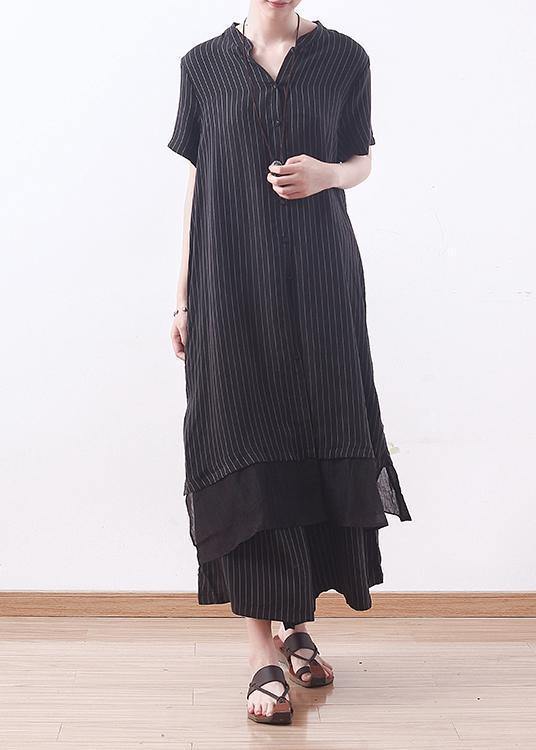 2025 copper ammonia silk stitching chiffon black striped shirt wide leg pants casual suit