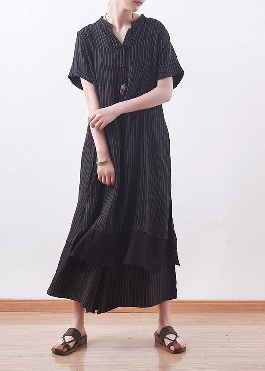 2025 copper ammonia silk stitching chiffon black striped shirt wide leg pants casual suit