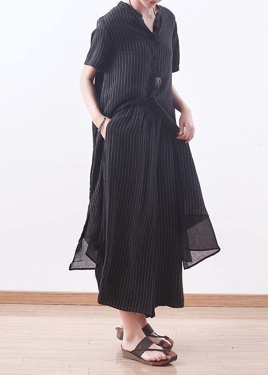 2025 copper ammonia silk stitching chiffon black striped shirt wide leg pants casual suit