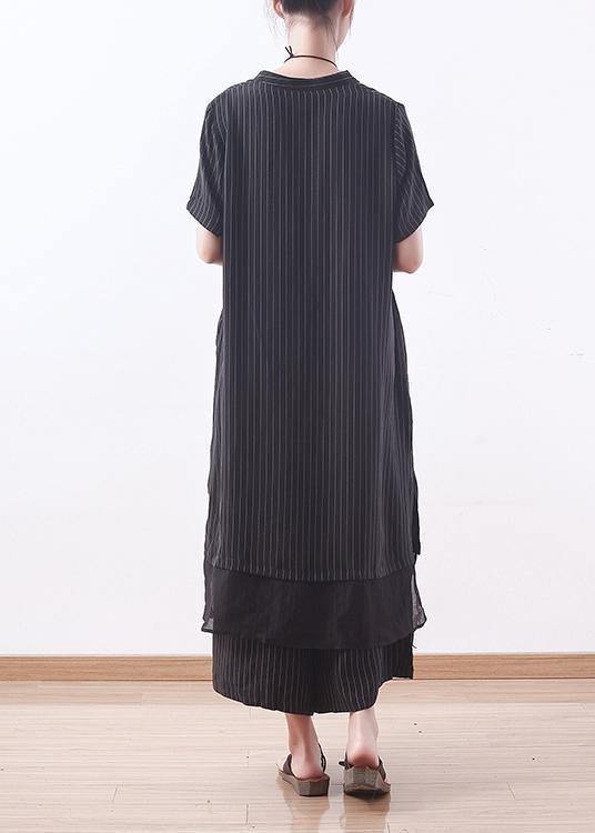 2025 copper ammonia silk stitching chiffon black striped shirt wide leg pants casual suit