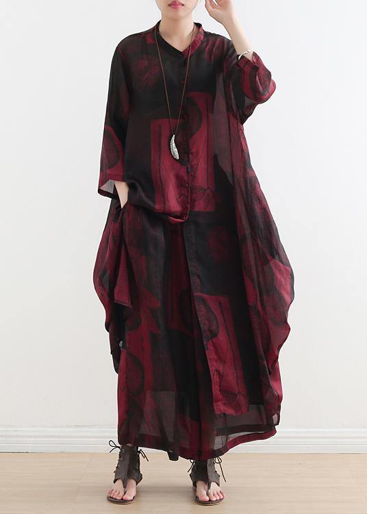 2025 fashion suit large size was thin red printed chiffon female wide-leg pants two-piece suit