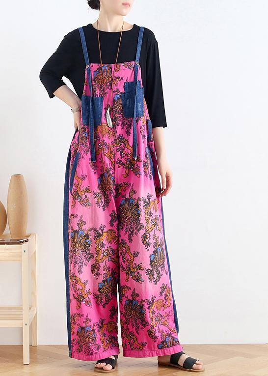 2025 retro national style rose printed loose denim overalls