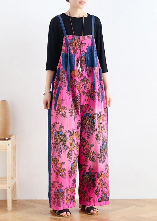 2025 retro national style rose printed loose denim overalls