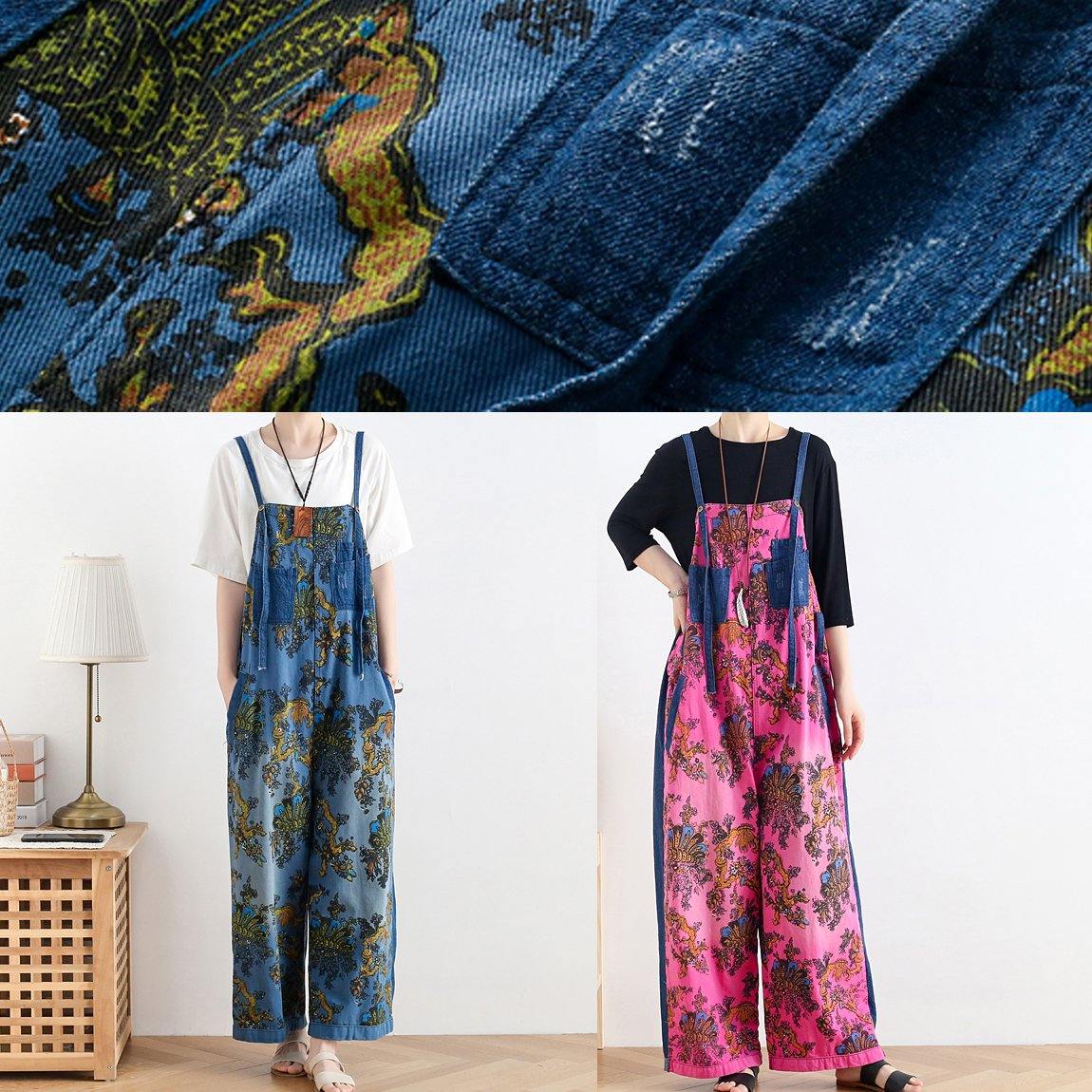 2025 retro national style rose printed loose denim overalls