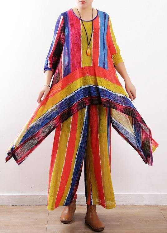 2025 spring casual patchwork color striped two pieces asymmetric hem tops and elastic waist women wide leg pants