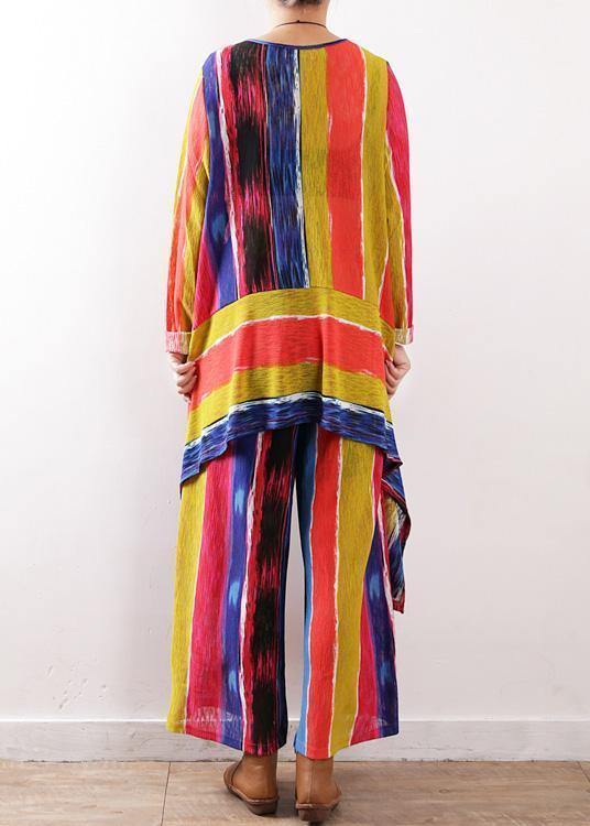 2025 spring casual patchwork color striped two pieces asymmetric hem tops and elastic waist women wide leg pants