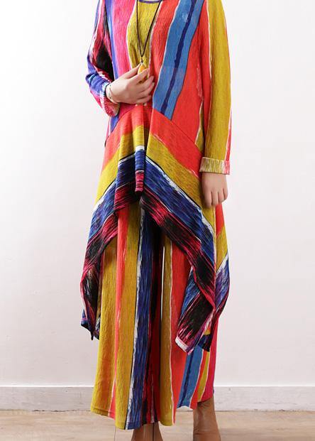 2025 spring casual patchwork color striped two pieces asymmetric hem tops and elastic waist women wide leg pants