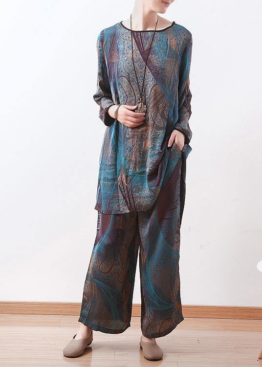 2025 spring new two pieces blue print literary retro thin section chiffon wide-leg pants