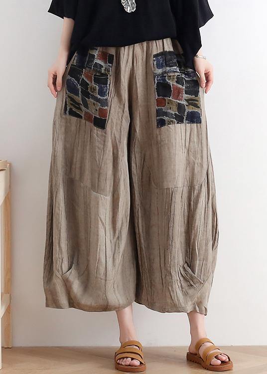 2025 summer original design linen nude patch retro wide-leg pants