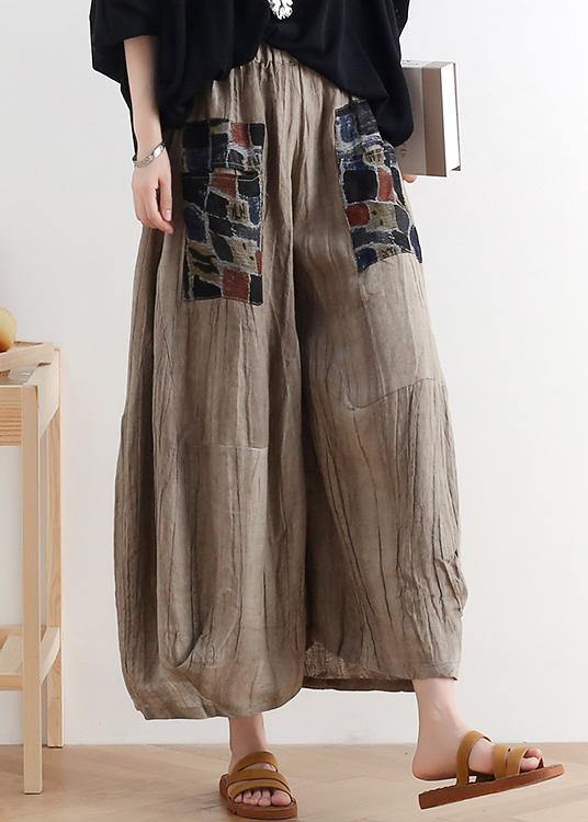 2025 summer original design linen nude patch retro wide-leg pants