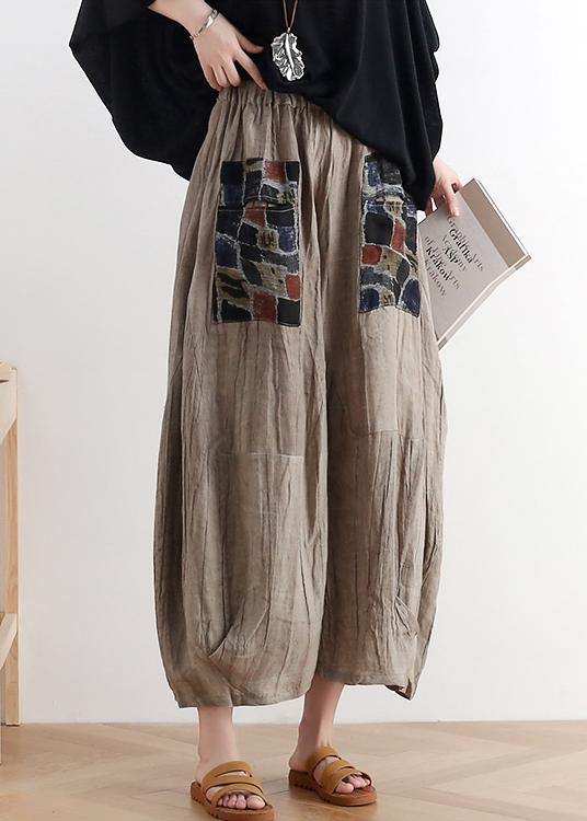 2025 summer original design linen nude patch retro wide-leg pants