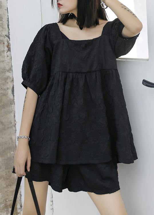 2025 women's summer fashion western style bubble sleeve black top and shorts two-pieces