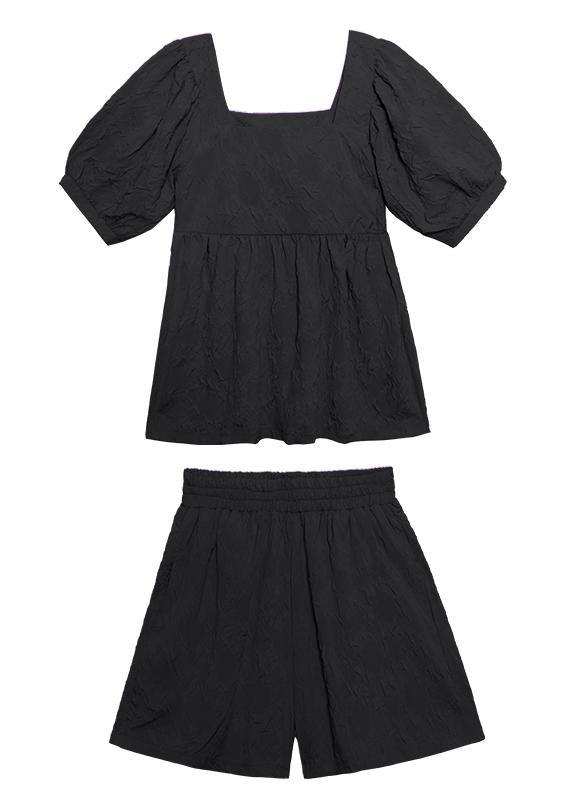 2025 women's summer fashion western style bubble sleeve black top and shorts two-pieces