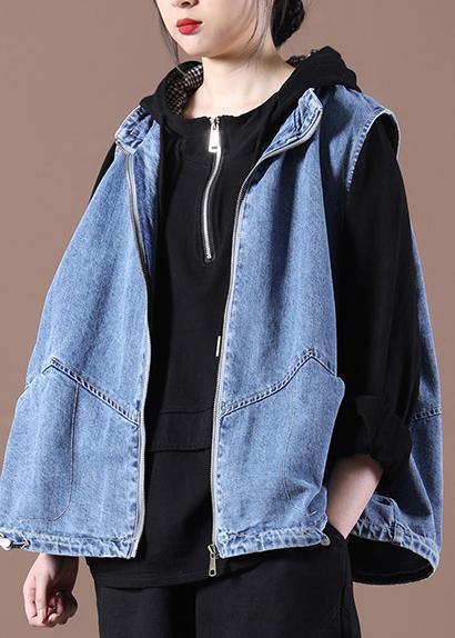 2025 Drawstring Zipper Wash Blue Stand Collar Vest