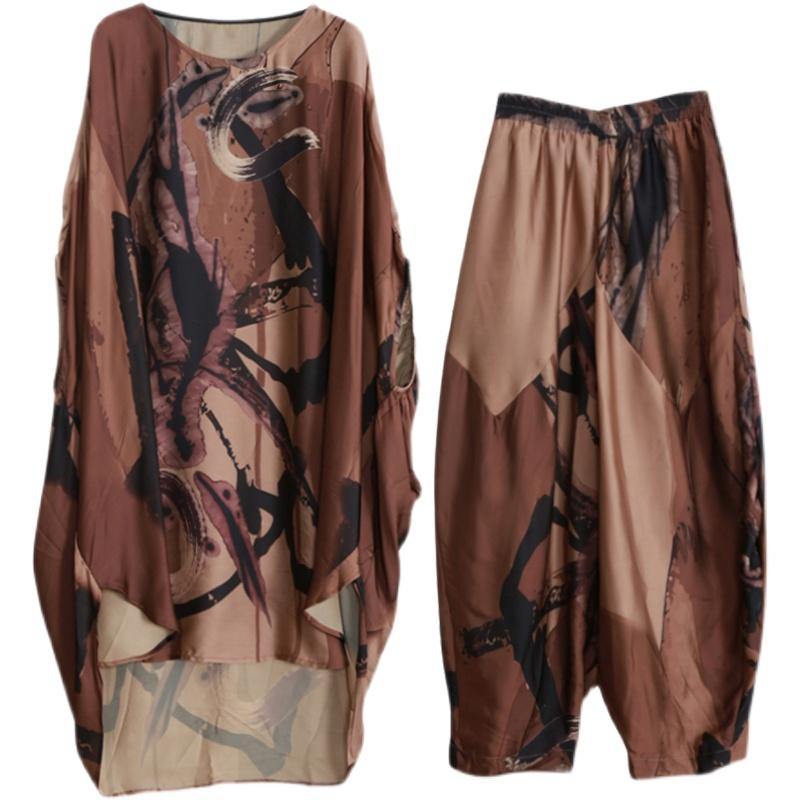 2025 Large Loose Silk Two Piece Suit Women's Irregular Personality Bat Sleeve Casual Suit