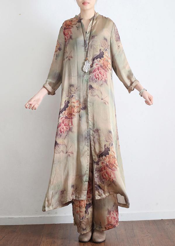 2025 Spring Loose Print Silk Satin Split Long Sleeve Shirt + Wide Leg Pants