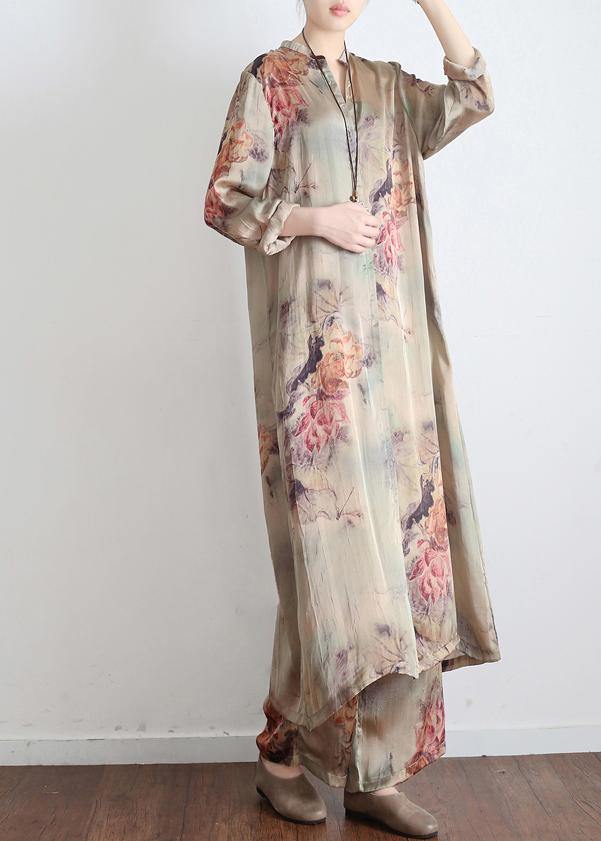 2025 Spring Loose Print Silk Satin Split Long Sleeve Shirt + Wide Leg Pants