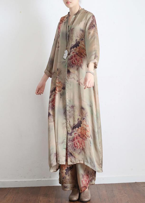 2025 Spring Loose Print Silk Satin Split Long Sleeve Shirt + Wide Leg Pants